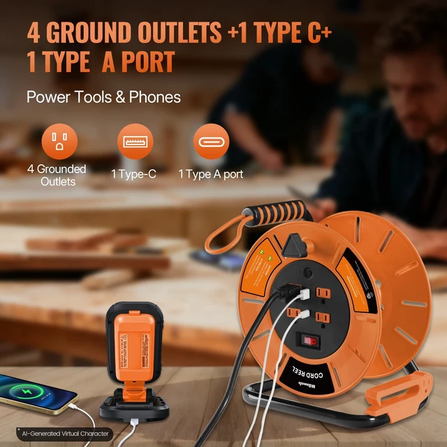 Alt view image 5 of 7 - Extension Cord Storage Reel with 4-Grounded Outlet & 2 USB Port, 15A Circuit Breaker, Heavy Duty Open Cord Reel for 12/3,14/3 Gauge Power Cord, Hand Wind Retractable,ETL Listed Orange G85CR06