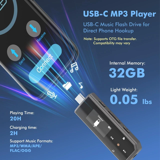 Alt view image 3 of 7 - 32GB USB-C MP3 Player with Bluetooth 5.3 & Clip for Sports Running | Portable Music Player with FM Radio, One-Button Voice Recorder, Digital Audio Shuffle Repeat, Mobile Phone File Transfer