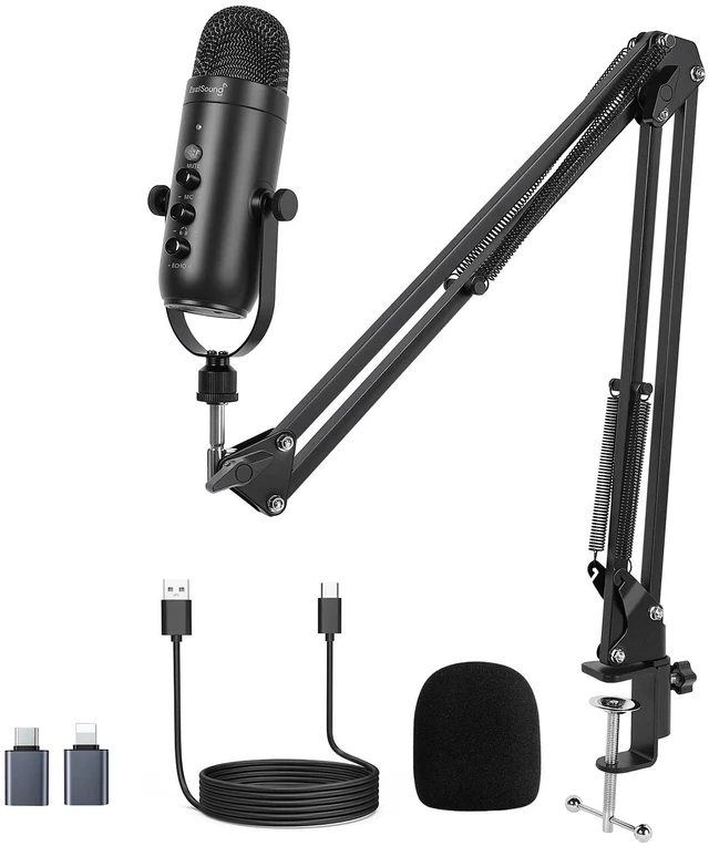 Main image of Podcast Microphone with Boom Arm, USB Mic with Noise Reduction, Mute, Echo & Volume Control, Zero-Latency Monitoring, Compatible with PC Mac iPhone & Android, for Podcasting TikTok YouTube