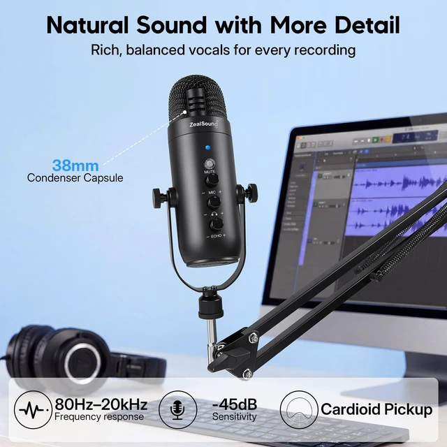 Alt view image 2 of 7 - Podcast Microphone with Boom Arm, USB Mic with Noise Reduction, Mute, Echo & Volume Control, Zero-Latency Monitoring, Compatible with PC Mac iPhone & Android, for Podcasting TikTok YouTube