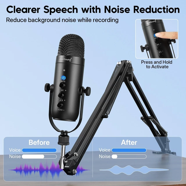 Alt view image 3 of 7 - Podcast Microphone with Boom Arm, USB Mic with Noise Reduction, Mute, Echo & Volume Control, Zero-Latency Monitoring, Compatible with PC Mac iPhone & Android, for Podcasting TikTok YouTube