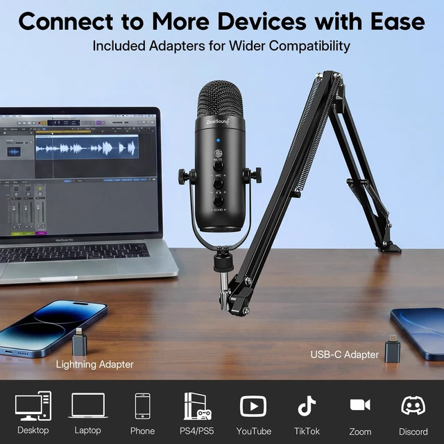Alt view image 5 of 7 - Podcast Microphone with Boom Arm, USB Mic with Noise Reduction, Mute, Echo & Volume Control, Zero-Latency Monitoring, Compatible with PC Mac iPhone & Android, for Podcasting TikTok YouTube