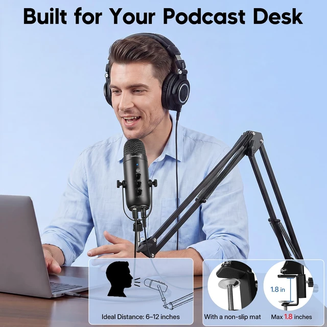 Alt view image 7 of 7 - Podcast Microphone with Boom Arm, USB Mic with Noise Reduction, Mute, Echo & Volume Control, Zero-Latency Monitoring, Compatible with PC Mac iPhone & Android, for Podcasting TikTok YouTube