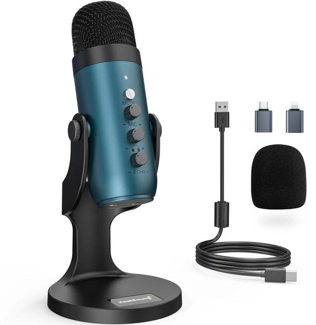 Main image of Podcast Microphone for PC, Noise Cancellation USB Mic with Gain, Volume Adjustment & Mute Button, Monitoring & Echo, for YouTube, TikTok, Podcasting, Streaming, iPhone, iPad, Android(Teal)