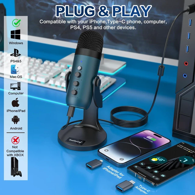 Alt view image 2 of 7 - Podcast Microphone for PC, Noise Cancellation USB Mic with Gain, Volume Adjustment & Mute Button, Monitoring & Echo, for YouTube, TikTok, Podcasting, Streaming, iPhone, iPad, Android(Teal)