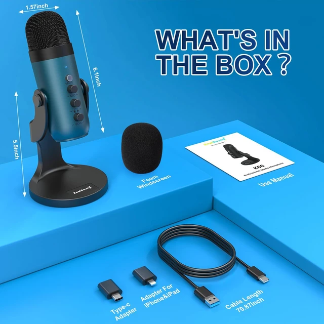 Alt view image 7 of 7 - Podcast Microphone for PC, Noise Cancellation USB Mic with Gain, Volume Adjustment & Mute Button, Monitoring & Echo, for YouTube, TikTok, Podcasting, Streaming, iPhone, iPad, Android(Teal)