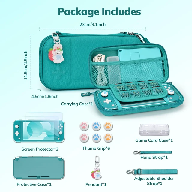 Alt view image 2 of 7 - Switch Lite Case, 14 in 1 Accessories Kit for NS Switch Lite (2019) | Bundle with Carrying Case, Protective Cover, Game Card Case, Screen Protectors, Thumb Grips, Pendant and Straps, Green