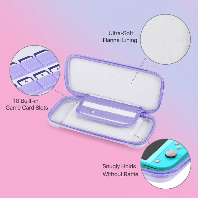 Alt view image 3 of 7 - Carrying Case Kit for Nintendo Switch Lite, Purple, 10 Game Slots | Kawaii Hard-Shell Travel Case with Tempered Glass Screen Protector, 4 Thumb Grips, Wrist Strap, and 10 Game Card Slots