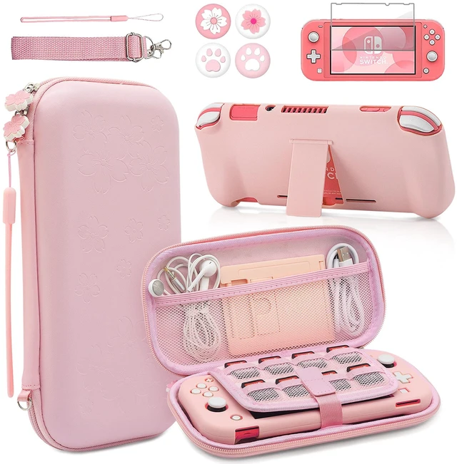 Main image of Pink Travel Carrying Case Accessories Kit for Switch Lite, Hard Protective Cover Skin Shell with Stand, Glass Screen Protector, Thumb Grip Caps 9 in 1