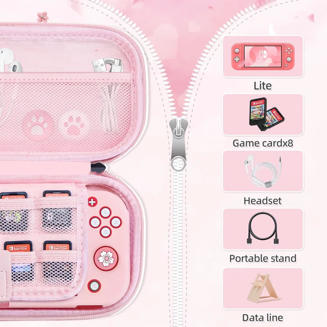 Alt view image 2 of 7 - Pink Travel Carrying Case Accessories Kit for Switch Lite, Hard Protective Cover Skin Shell with Stand, Glass Screen Protector, Thumb Grip Caps 9 in 1
