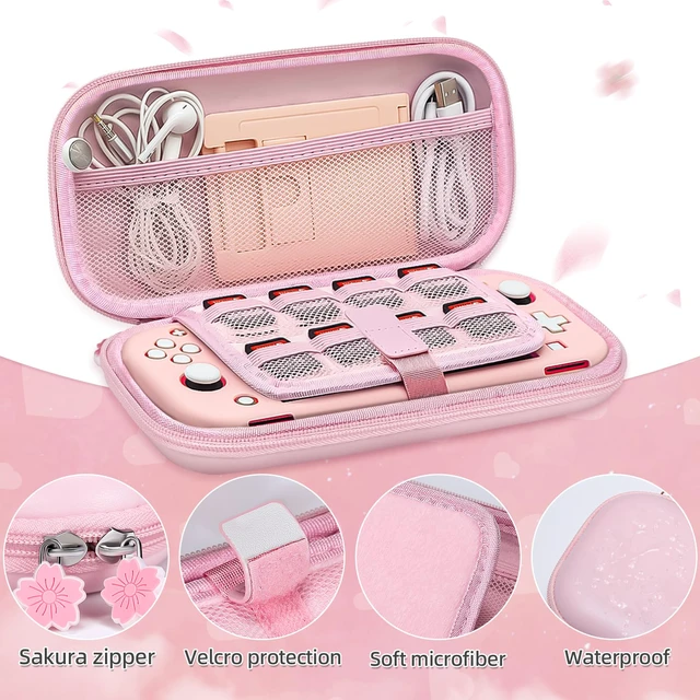 Alt view image 3 of 7 - Pink Travel Carrying Case Accessories Kit for Switch Lite, Hard Protective Cover Skin Shell with Stand, Glass Screen Protector, Thumb Grip Caps 9 in 1