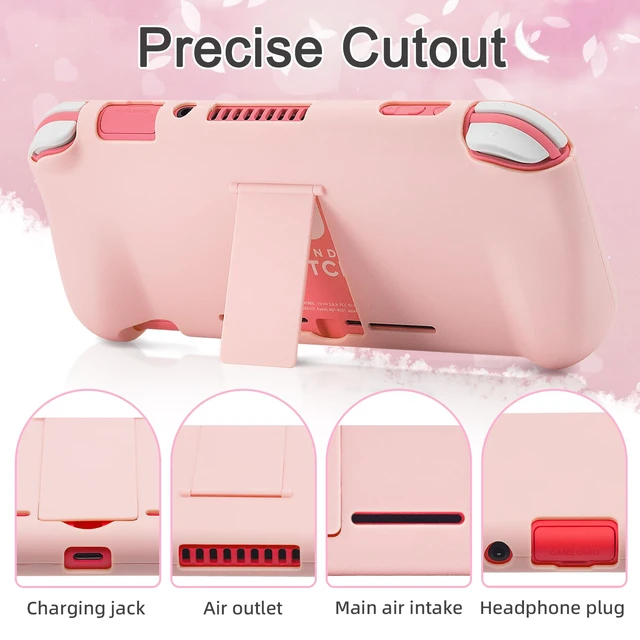 Alt view image 4 of 7 - Pink Travel Carrying Case Accessories Kit for Switch Lite, Hard Protective Cover Skin Shell with Stand, Glass Screen Protector, Thumb Grip Caps 9 in 1