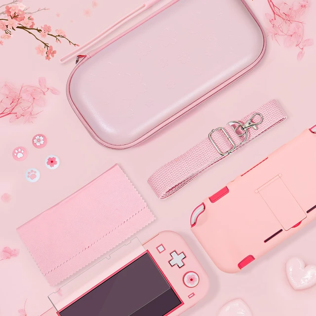 Alt view image 5 of 7 - Pink Travel Carrying Case Accessories Kit for Switch Lite, Hard Protective Cover Skin Shell with Stand, Glass Screen Protector, Thumb Grip Caps 9 in 1