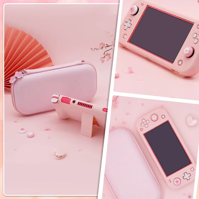 Alt view image 7 of 7 - Pink Travel Carrying Case Accessories Kit for Switch Lite, Hard Protective Cover Skin Shell with Stand, Glass Screen Protector, Thumb Grip Caps 9 in 1