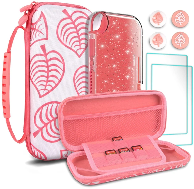 Main image of Carrying Case for Nintendo Switch lite, Shockproof Portable Travel Bag with Glitter Galaxy cover, Screen Protectors and Cute Leaf Thumb Grips Caps, Animal Crossing Pink