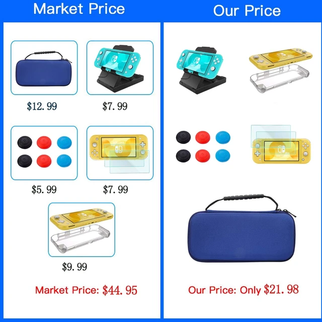 Alt view image 6 of 6 - Accessories Kit for Nintendo Switch Lite - Accessories Bundle with Carrying Case, Protective Cover case, 2-Pack Tempered Glass Screen Protector, Adjustable Play Stand, 6 Thumb Grips