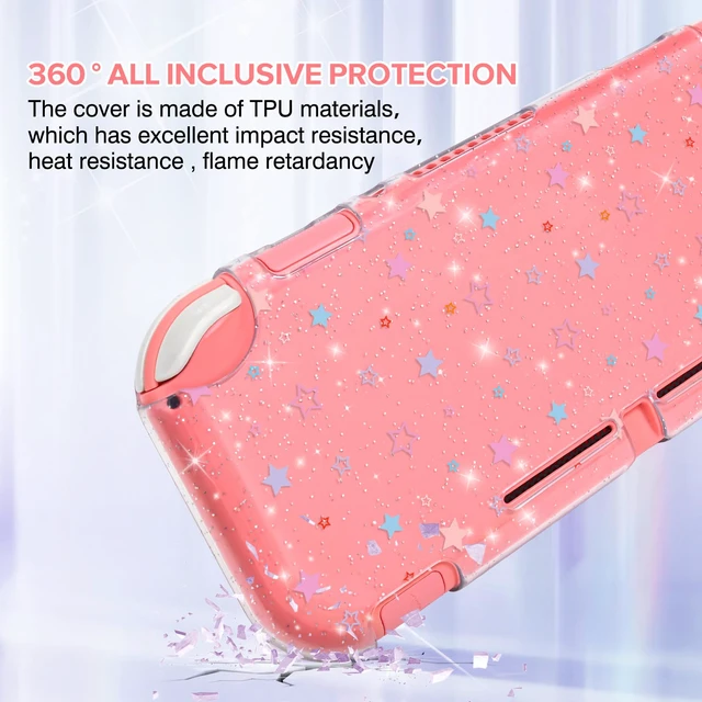 Alt view image 7 of 7 - Protective Case Suitable for Switch Lite Console 2019, TPU Soft Shell Anti-Slip Shock-Absorption Crystal Protective Heart Games Case with 2 PCS Cute Cat Paw Thumb Grips Caps- Glitter Purple