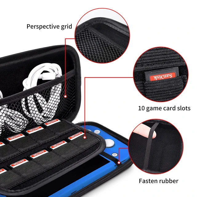 Alt view image 2 of 7 - Carrying Case for Nintendo Switch Lite, Newest Design Portable Travel Carrying Case 4 in 1 Accessories Kit with Glitter Shell, 2 Pcs Screen Protectors and 4 Pcs Thumb Grips Caps - Blue
