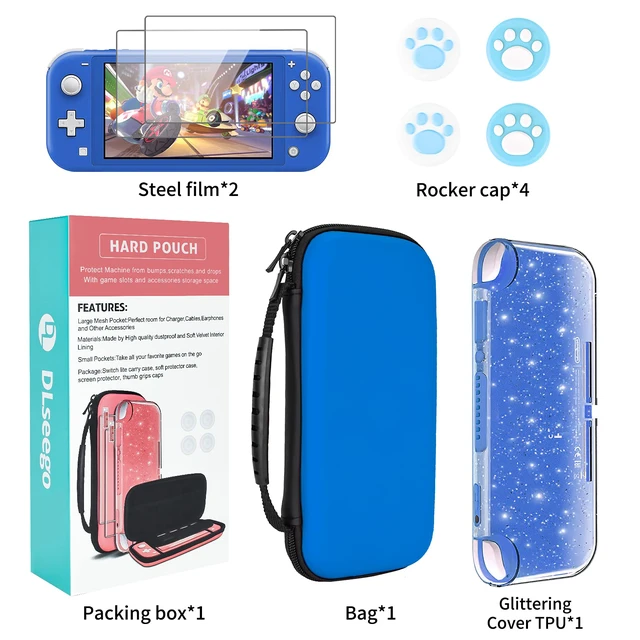 Alt view image 7 of 7 - Carrying Case for Nintendo Switch Lite, Newest Design Portable Travel Carrying Case 4 in 1 Accessories Kit with Glitter Shell, 2 Pcs Screen Protectors and 4 Pcs Thumb Grips Caps - Blue