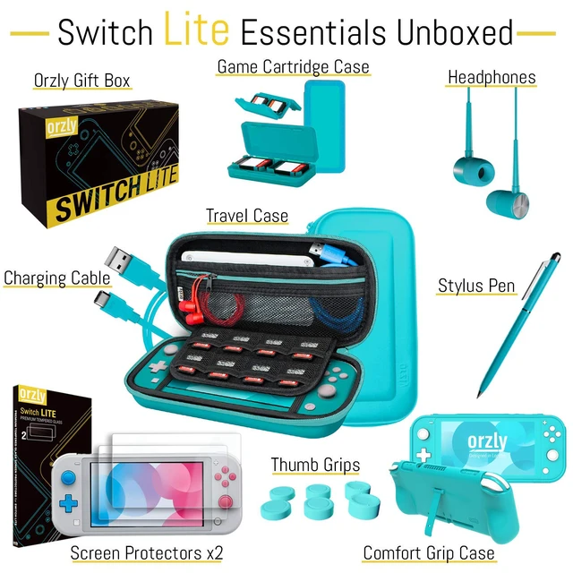 Alt view image 4 of 7 - Switch Lite Accessories Bundle - Case & Screen Protector for Nintendo Switch Lite Console, USB Cable, Games Holder, Grip Case, Headphones, Thumb-Grip Pack & More (Gift Pack - Turquoise Blue)