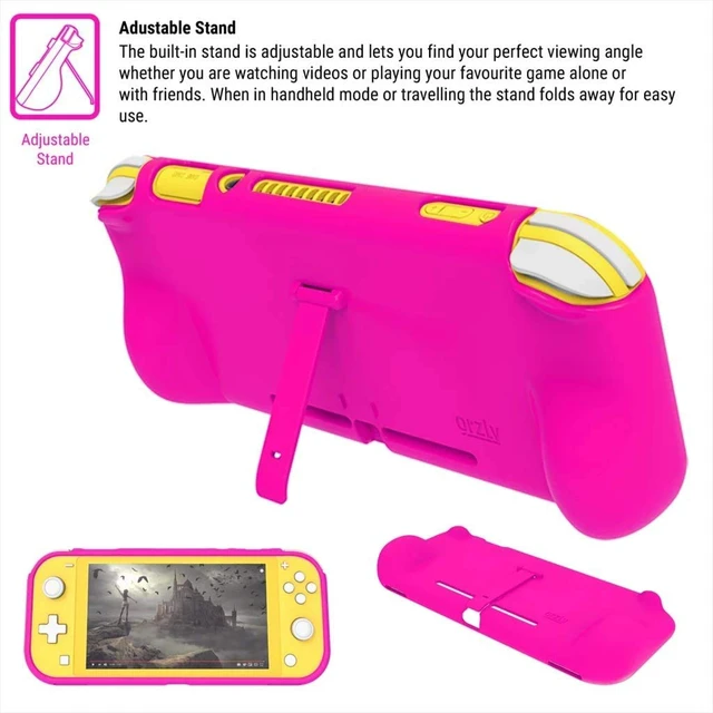 Alt view image 7 of 7 - Grip Case Compatible for use with Nintendo Switch Lite Case with Comfort Padded Hand Grips, Kickstand, & Pack of Thumb Grips - Pink