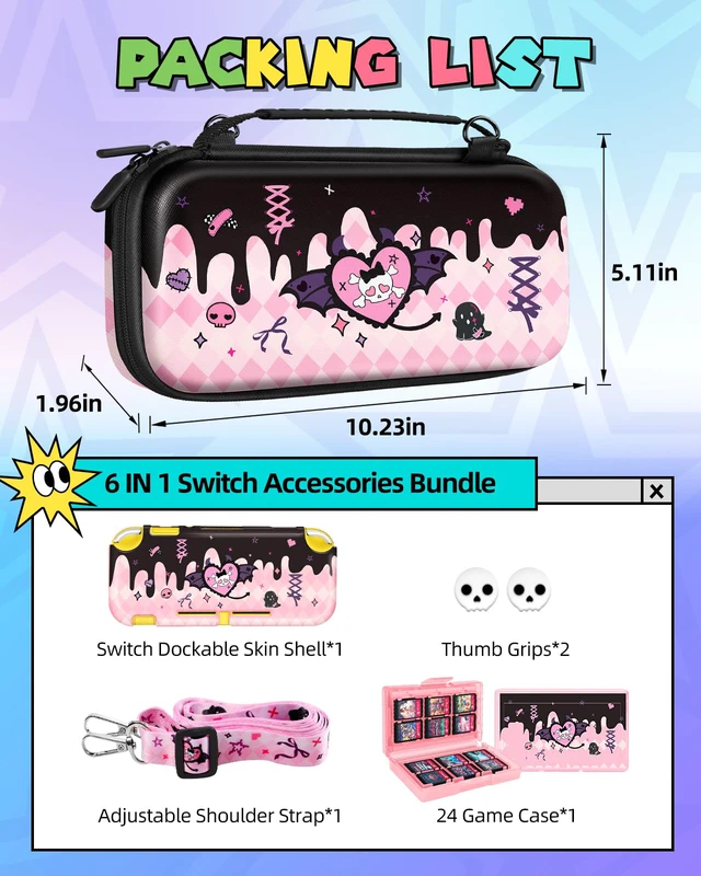 Alt view image 3 of 6 - 6in1 Kits Accessories Bundle for Nintendo Switch Lite 2019 - Cute Carrying Case, Protective Cover, Joy Con Grips, Thumb Grips, 24 Game Holder, Shoulder Strap Teens Boys Girls, Skull