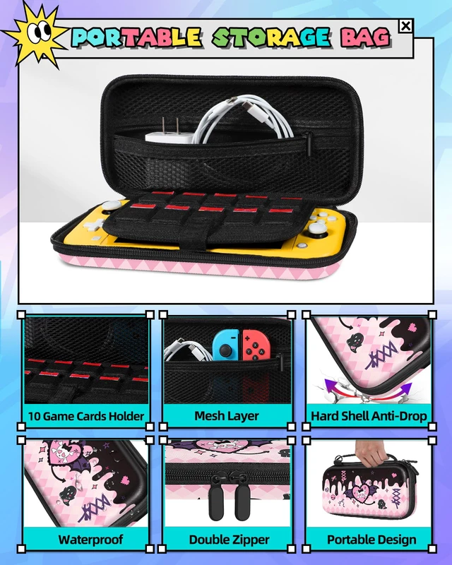 Alt view image 4 of 6 - 6in1 Kits Accessories Bundle for Nintendo Switch Lite 2019 - Cute Carrying Case, Protective Cover, Joy Con Grips, Thumb Grips, 24 Game Holder, Shoulder Strap Teens Boys Girls, Skull