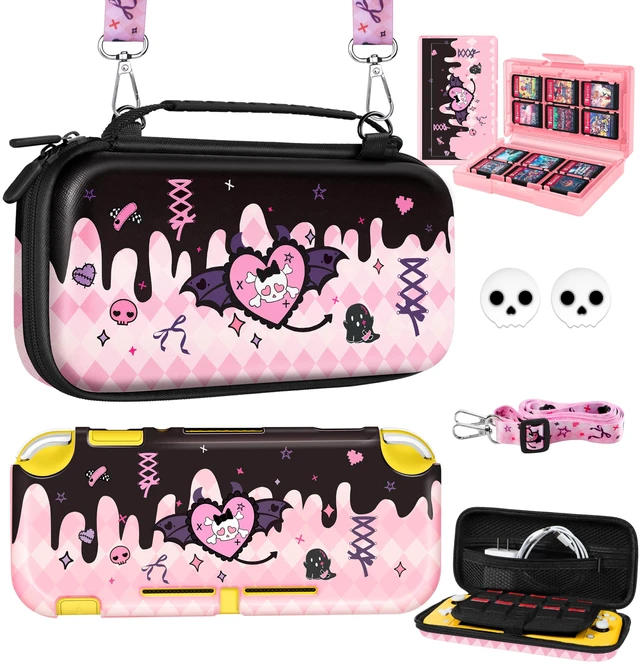 Main image of 6in1 Kits Accessories Bundle for Nintendo Switch Lite 2019 - Cute Carrying Case, Protective Cover, Joy Con Grips, Thumb Grips, 24 Game Holder, Shoulder Strap Teens Boys Girls, Skull