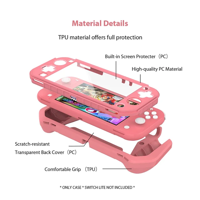 Alt view image 6 of 7 - Switch Lite Case Protective Case for Nintendo Switch Lite | Compatible with Nintendo Lite, Screen Protector Cover Hand Grip with Detachable TPU+Built-in PC Screen (Pink)