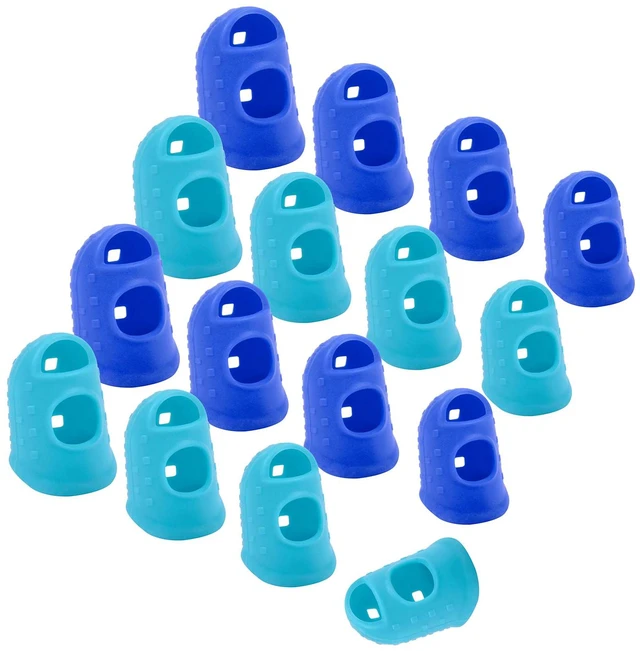 Main image of 16 Pcs Finger Tips, 4 Sizes Thimble Fingertip Grips - Blue, Aqua | Soft Silicone, Thumb Protectors Pads Cover, for Hand Sewing, Paper Sorting, Page Turning, Money Counting, Guitar Playing