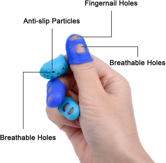 Alt view image 2 of 7 - 16 Pcs Finger Tips, 4 Sizes Thimble Fingertip Grips - Blue, Aqua | Soft Silicone, Thumb Protectors Pads Cover, for Hand Sewing, Paper Sorting, Page Turning, Money Counting, Guitar Playing