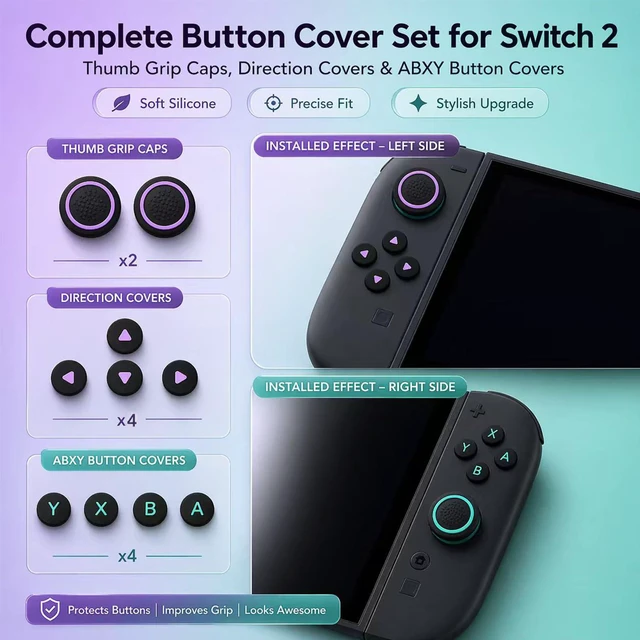 Alt view image 3 of 7 - Switch 2 Thumb Grip Caps Cross D-Pad Button Caps Set, Green&Purple | Soft Joystick Covers Key Buttons Cover Caps Sticker Accessories Design for Switch 2
