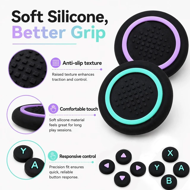 Alt view image 2 of 7 - Switch 2 Thumb Grip Caps Cross D-Pad Button Caps Set, Green&Purple | Soft Joystick Covers Key Buttons Cover Caps Sticker Accessories Design for Switch 2
