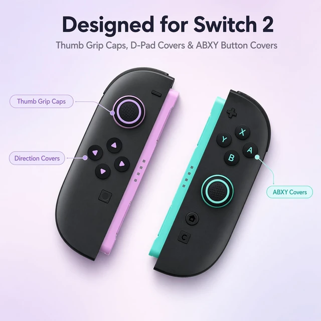 Alt view image 4 of 7 - Switch 2 Thumb Grip Caps Cross D-Pad Button Caps Set, Green&Purple | Soft Joystick Covers Key Buttons Cover Caps Sticker Accessories Design for Switch 2