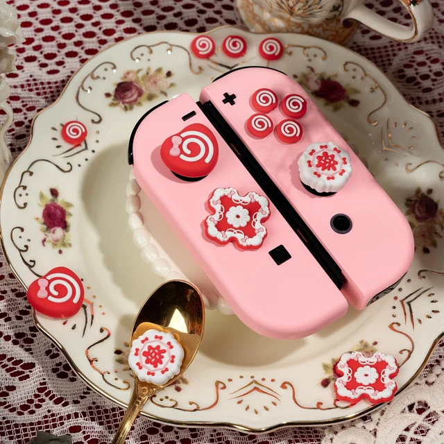 Alt view image 6 of 7 - Cute Switch D-Pad Button Caps Silicone Thumb Grips Set, ABXY Key Buttons Sticker Joystick Cover Caps for Nintendo Switch/OLED - Strawberry Cream Cake