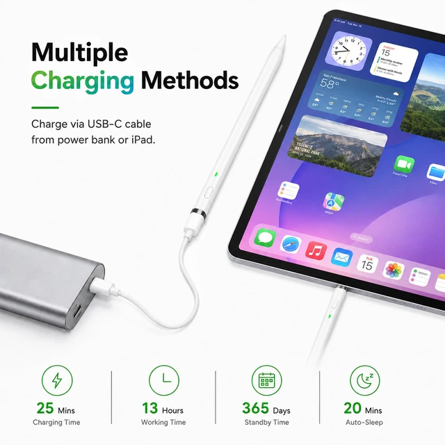 Alt view image 3 of 7 - Pencil 1st Generation for Apple iPad 2018-2026, USB-C Fast Charging | Stylus with Palm Rejection, Tilt Sensitivity, Magnetic on iPad 6-11/Air/Pro/Mini for Notes, Sketching and Study School/Home