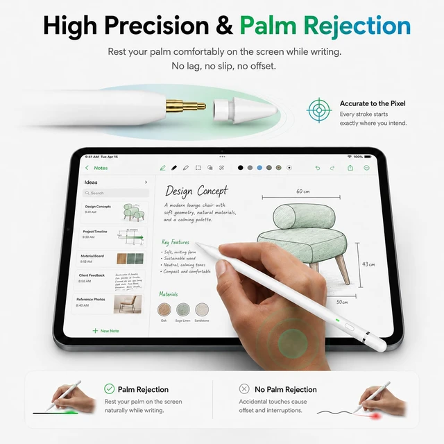 Alt view image 5 of 7 - Pencil 1st Generation for Apple iPad 2018-2026, USB-C Fast Charging | Stylus with Palm Rejection, Tilt Sensitivity, Magnetic on iPad 6-11/Air/Pro/Mini for Notes, Sketching and Study School/Home