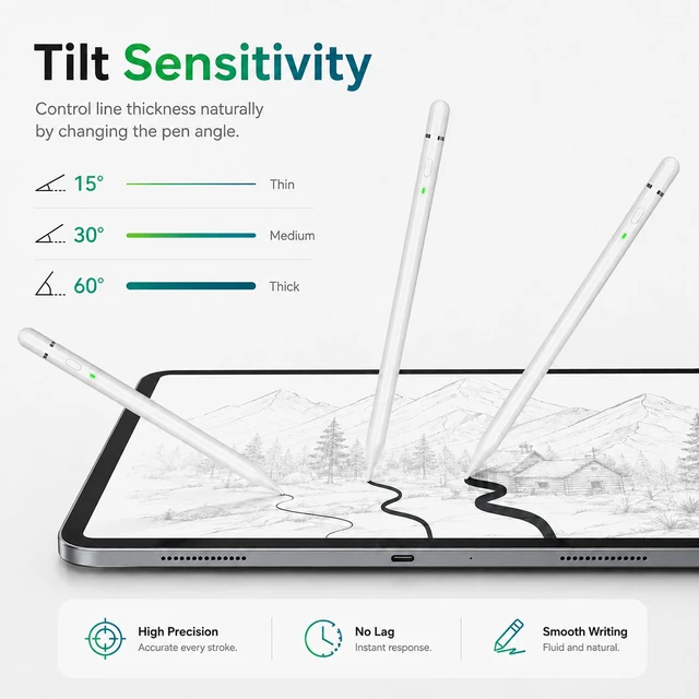 Alt view image 6 of 7 - Pencil 1st Generation for Apple iPad 2018-2026, USB-C Fast Charging | Stylus with Palm Rejection, Tilt Sensitivity, Magnetic on iPad 6-11/Air/Pro/Mini for Notes, Sketching and Study School/Home