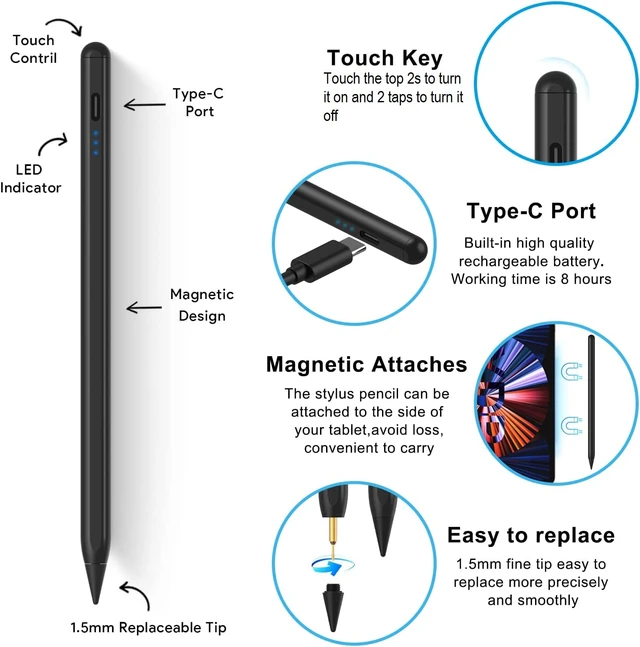 Alt view image 5 of 7 - iPad Stylus Pen for iPad 2018-2026, Palm Rejection, Fast Charging | Tilt Sensitivity, for iPad Pencil A16 /10/9/8/7/6, Pro 11/13" (M5/M4),Air M4/M3/M2/5th/4th, Pro 11/12.9", Mini 6/5, Black