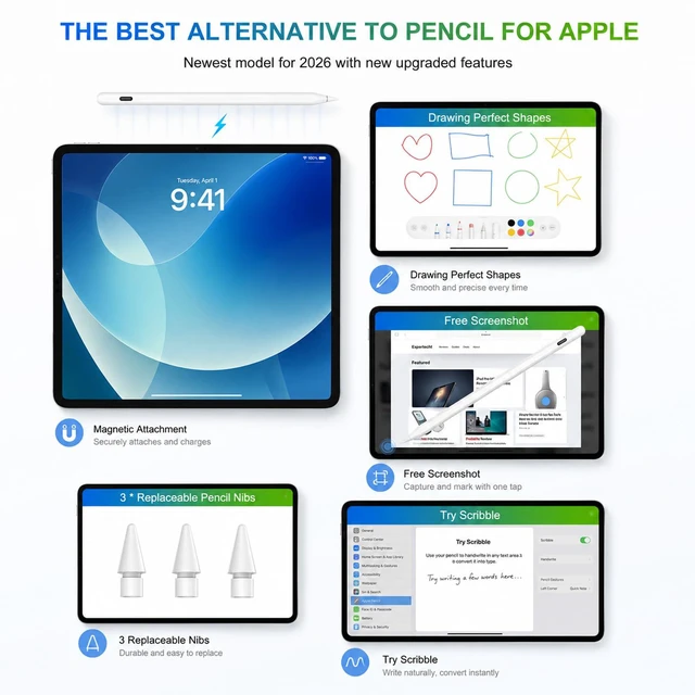 Alt view image 6 of 7 - Magnetic Wireless Charging Pencil 2nd Generation for Apple iPad | USB-C Fast Charging, Palm Rejection, Tilt Sensitivity, Stylus for iPad 6-11/Air/Mini/Pro for Note Drawing Study Work Students