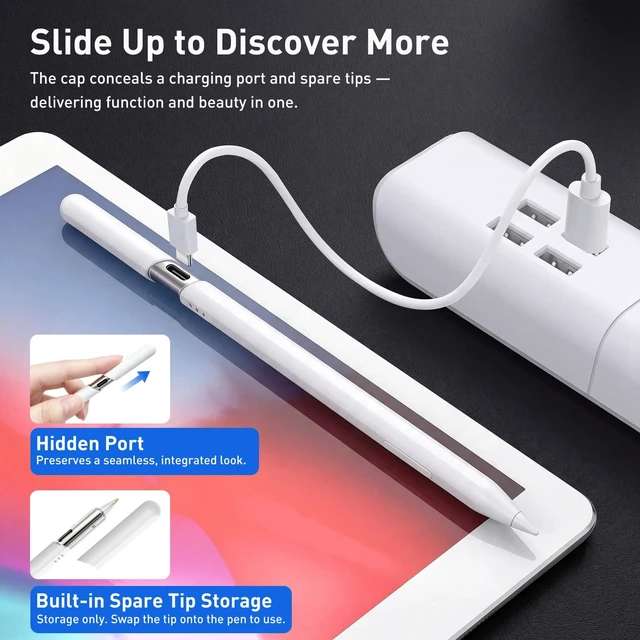 Alt view image 2 of 7 - Stylus Pen for iPad 2018-2026 Fast Charge Tilt Sensitivity Palm Rejection | Bluetooth Shortcut, Hidden Charge Port, Cap with Built-in Tip Holder, Silent Repalcement Tip, USB C Pencil for iPad A16