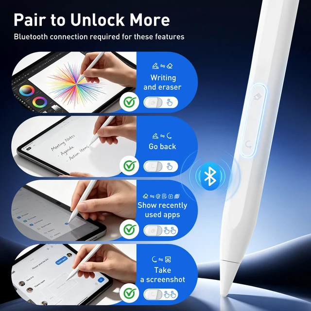 Alt view image 3 of 7 - Stylus Pen for iPad 2018-2026 Fast Charge Tilt Sensitivity Palm Rejection | Bluetooth Shortcut, Hidden Charge Port, Cap with Built-in Tip Holder, Silent Repalcement Tip, USB C Pencil for iPad A16