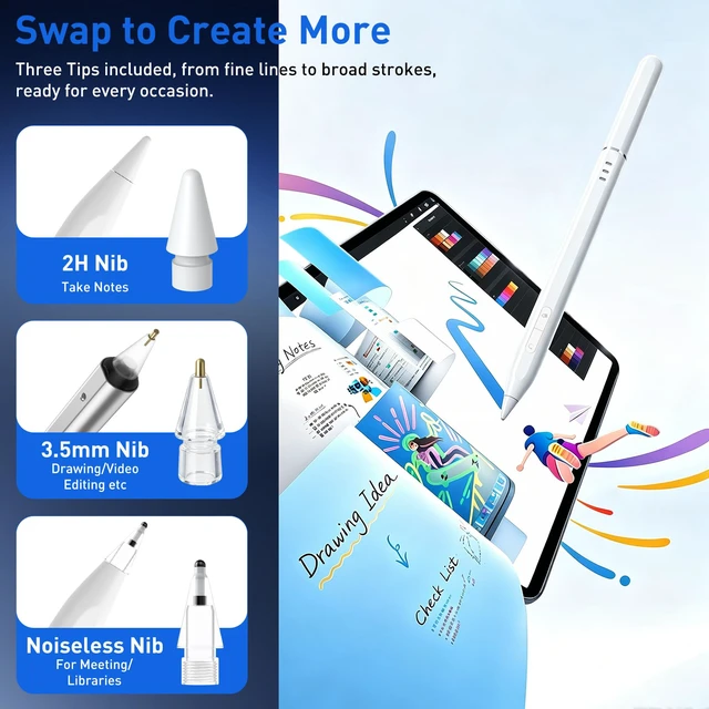 Alt view image 4 of 7 - Stylus Pen for iPad 2018-2026 Fast Charge Tilt Sensitivity Palm Rejection | Bluetooth Shortcut, Hidden Charge Port, Cap with Built-in Tip Holder, Silent Repalcement Tip, USB C Pencil for iPad A16