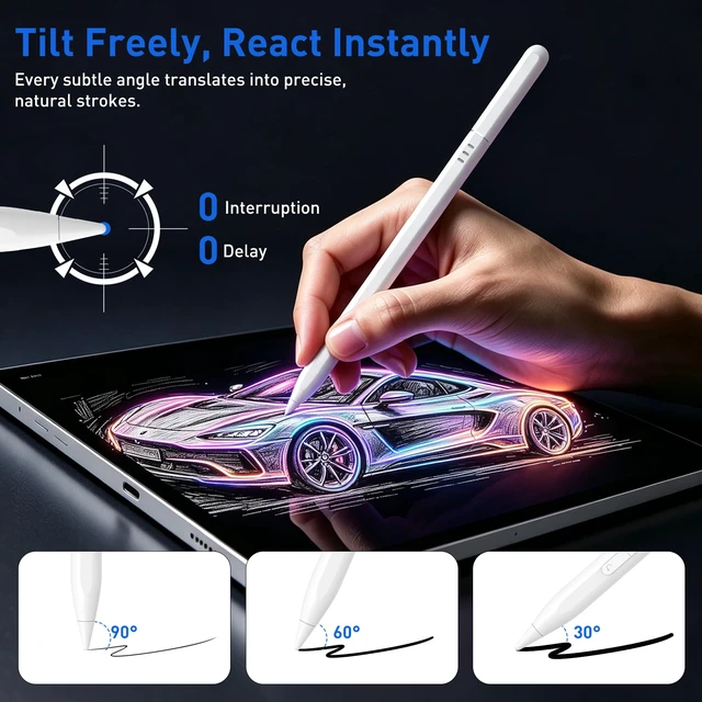 Alt view image 6 of 7 - Stylus Pen for iPad 2018-2026 Fast Charge Tilt Sensitivity Palm Rejection | Bluetooth Shortcut, Hidden Charge Port, Cap with Built-in Tip Holder, Silent Repalcement Tip, USB C Pencil for iPad A16