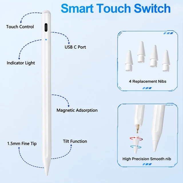 Alt view image 6 of 7 - Stylus Pen for iPad 2018-2026, Fast Charge Apple iPad Pencil-White | Palm Rejection & Tilt Sensitivity Pen for iPad 11/10/9/8/7/6th Gen, Pro 11"/12.9"/13"/M4, Air 3/4/5/M2/M3/M4, Mini 7/6/5th