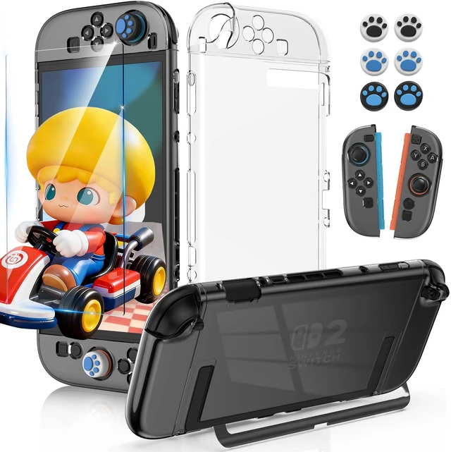 Main image of Dockable Protective Hard Cover for Nintendo Switch 2 with 6 Thumb Grip Caps | Full-Body Slim Hard Shell Cover Switch 2 Accessories, Scratch&Shock Protection Case with Screen Protector, Clear