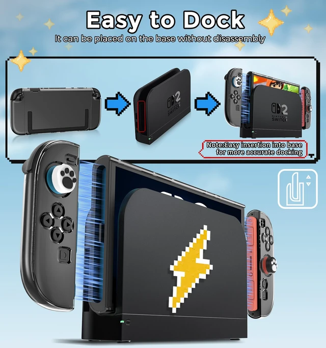 Alt view image 2 of 7 - Dockable Protective Hard Cover for Nintendo Switch 2 with 6 Thumb Grip Caps | Full-Body Slim Hard Shell Cover Switch 2 Accessories, Scratch&Shock Protection Case with Screen Protector, Clear