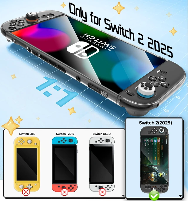 Alt view image 4 of 7 - Dockable Protective Hard Cover for Nintendo Switch 2 with 6 Thumb Grip Caps | Full-Body Slim Hard Shell Cover Switch 2 Accessories, Scratch&Shock Protection Case with Screen Protector, Clear