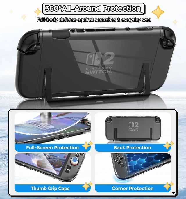 Alt view image 6 of 7 - Dockable Protective Hard Cover for Nintendo Switch 2 with 6 Thumb Grip Caps | Full-Body Slim Hard Shell Cover Switch 2 Accessories, Scratch&Shock Protection Case with Screen Protector, Clear