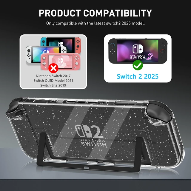 Alt view image 4 of 7 - Glitter Protective Case Cover Shell for Nintendo Switch 2(2025),Clear Sparkle Full Dockable Slim Hard Protection Cute Shining Skin Case for Switch 2, Shockproof Screen Protector,4 Thumb Grip